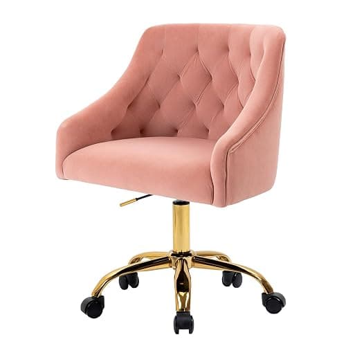MOJAY Velvet Home Office Desk Chair, Vanity Chair with Wheels Pretty Fancy Gold 360°Swivel Height Adjustable Office Chairs for Girls Home Offices, Bedrooms, Living Room (Pink) thumbnail 9