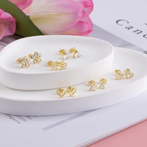 ALEXCRAFT Small Gold Stud Earrings - 6 Pairs Cute Heart Studs for Women - Cubic Zirconia - Hypoallergenic - Pack thumbnail 6