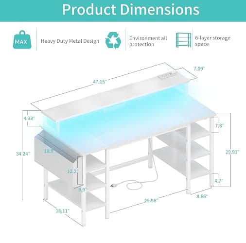 Lufeiya White Desk with Storage Shelves - 47 inch Home Office Gaming Desk with Monitor Stand, Computer Desk with LED Lights and Power Outlets, White thumbnail 2