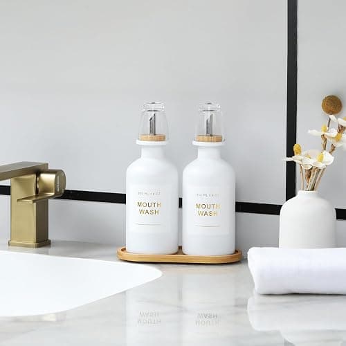 BONLONG 11.8OZ Mouthwash Dispenser for Bathroom with Bamboo & Stainless Steel Pour Spout, Mouthwash Cups Reusable, Bamboo Tray, and Elegant Gold Label. Set of 2（White thumbnail 5