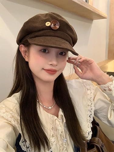 Corduroy Newsboy Hats for Women Vintage Button Decor Paperboy Painter Beret Cap Japanese Y2K Acubi Emo Headwear thumbnail 4