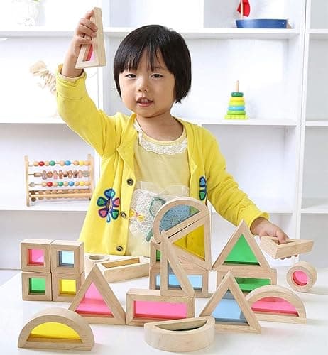 Agirlgle Wood Building Blocks Set for Kids 24 Pcs Rainbow Stacker Stacking Game Construction Toys Set Preschool Colorful Learning Educational Toys - Geometry Wooden Blocks for Boys & Girls thumbnail 2
