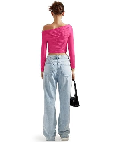 SUUKSESS Women Off Shoulder Long Sleeve Shirts Double Lined Fitted Crop Tops thumbnail 5