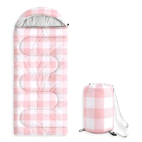 Wake In Cloud - Kids Sleeping Bag for Boys Girls Toddlers, Camping in Warm Cold Weather, Backpacking Lightweight Compact Outdoor Liner for 3 Seasons, Gingham Plaid - Image 1