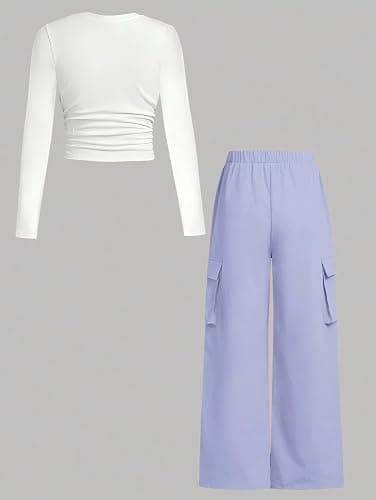 Azmxynol Girls Clothes 2 Piece Outfit Ribbed T-Shirt Top + Cargo Pants, Girls Fall Clothing Set, Sizes 5-12 Years thumbnail 7