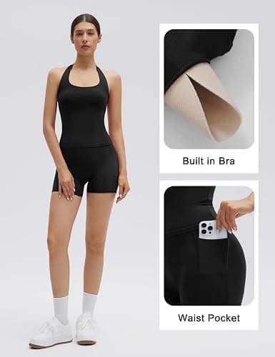 SUUKSESS Women 2 Piece Workout Sets Halter Neck Padded Yoga Tank Tops High Waisted Biker Shorts with Pockets thumbnail 2