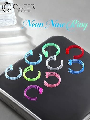 OUFER 20G Nose Ring Hoop, Colorful Clear Bioflex Acrylic Open Neon Nose Rings, Retainer Piercing Jewelry, Tragus Cartilage Helix Daith Lobe Earrings Piercing Retainer for Women Men thumbnail 2