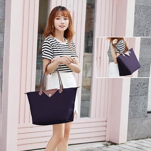 BOJLY Tote Bags for Women Stylish Waterproof Nylon Ladies Shoulder Bag Top Handle Handbag Folding Beach Travel Bag for Work,Shopping, School - Deep Purple - S thumbnail 7