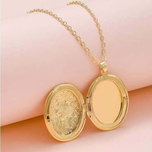 Vintage Engraved Flower Empaistic Photo Locket Hold Picture Oval Round Pendant Necklace Antique Carved Pattern Souvenir Memorial Clavicle Jewelry for Women thumbnail 5