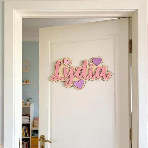 Customized Name Sign for Kids Room, Personalized Kids Name Signs for Bedroom Wall, Wooden Nursery Wall Decor for Girls, Custom Baby Name Plaque, Pink Room Decoration11.81 x 7.87 in - Image 1