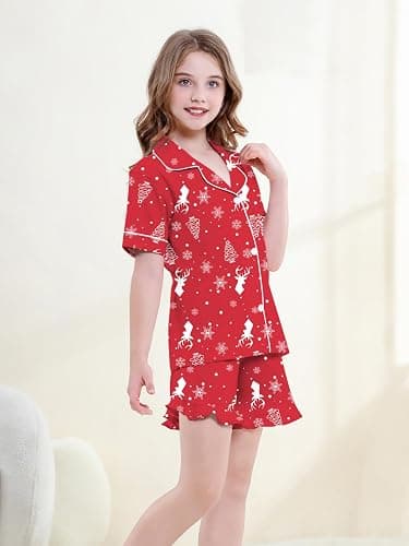 QZH.DUAO Girls Pajama Sets 100% Cotton Sleepwear Button Down Short Sleeve With Ruffle Shorts 2 Piece PJS 5-14 thumbnail 4