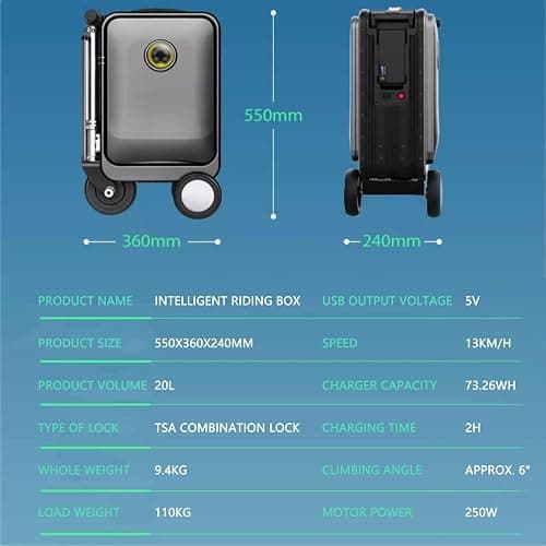 20-inch Smart Riding Suitcase，Electric Luggage Scooter,Motorized Luggage for Adults,73.26Wh Removable Battery,Load 110Kg,USB Port(Black) thumbnail 8