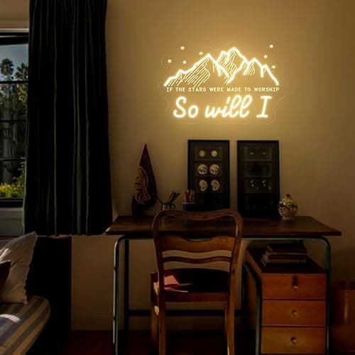 If The Stars Were Made to Worship So Will I Neon Sign, Christian LED Wall Light, Bible Verse Wall Art, Inspirational Jesus Quote Sign, Mountain Lover Gift, Catholic Faith Home Decor 16〞× 10.7〞 thumbnail 6
