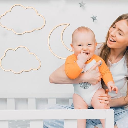 Kathfly4 Pieces Boho Nursery Cloud Star Wall Decor Wooden Babyroom Moon Rattan Wall Decor Wooden Rainbow for Children Baby Kids Boys Girls Bedroom Nursery Pendant(Cloud Moon Star) thumbnail 2