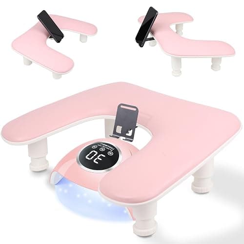 Big Arm Rest for Nails Tech with Rotating Phone Holder: 3nd Generation U-Shaped Manicure Nail Arm Rest Stand Height Adjustable Armrest for Acrylic Nails(Pink) - Image 1