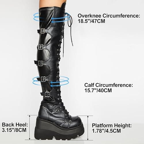 Gothniero Black Platform Boots Over Knee Thigh High Goth Boots for Women Chunky Heel Rave Motorcycle Boots with Buckles Side Zip Lace Boots Size5.5-10 thumbnail 5