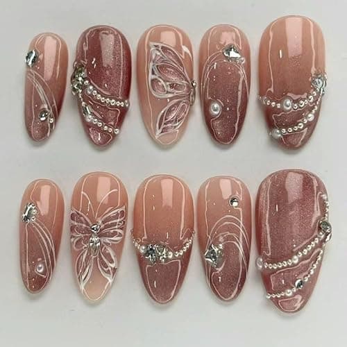 QQPPOLIU Medium Press on Nails Almond Fake Nails with Design Fall Glue on Nails for Women and Girls Pattern 15 - Image 1