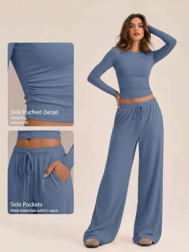 Trendy Queen Women's 2 Piece 2026 Fall Fashion Lounge Set with Pockets | Airport Outfit, Athleisure Workout Set, Fall Wardrobe Staple, Winter Style, Side-Ruched Top, Drawstring Wide-Leg Pants thumbnail 5