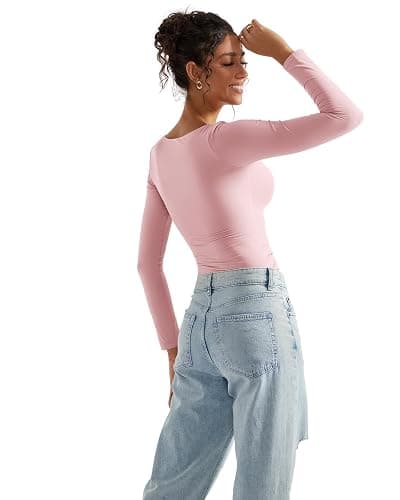 SUUKSESS Women Double Lined Fitted Basic T Shirts Scoop Neck Long Sleeve Crop Top thumbnail 4