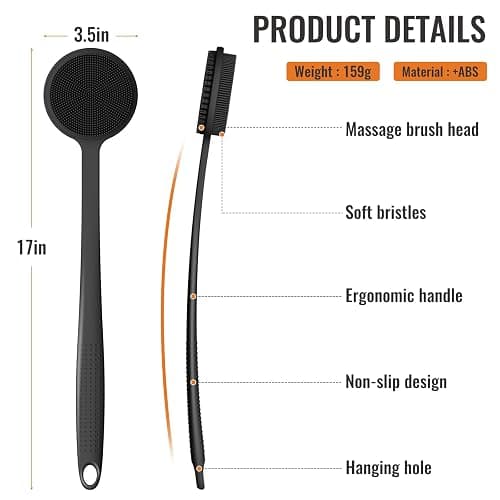 Silicone Back Scrubber for Shower, 17in Lengthen Long Handle Body Brush, Double Sided Shower Brush for Shower Exfoliating and Massage Can Produce Rich Foam, Long Handle Back Scrubber for Men thumbnail 2