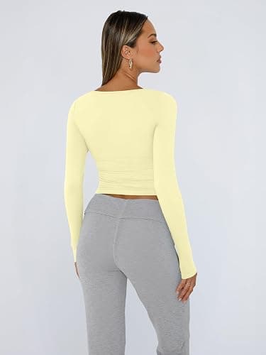 Trendy Queen Womens Long Sleeve Shirts Crop Tops Fall Fashion 2025 Square Neck Going Out Basics Tees Y2k Clothes thumbnail 4