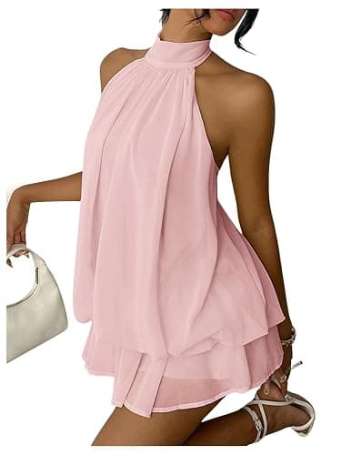Verdusa Women's Chiffon Halter Drop Waist Wedding Guest Dresses Ruffle Summer Loose Fit Mini Dress Brunch Outfits - Image 1