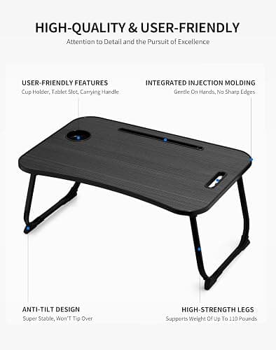 ZEAPTAC Laptop Bed Desk, Foldable Lap Desk, Portable Lap Table, Laptop Stand with Cup Holder & Tablet Slot & Lifting Handle for Working Writing Drawing & Eating - Black thumbnail 6