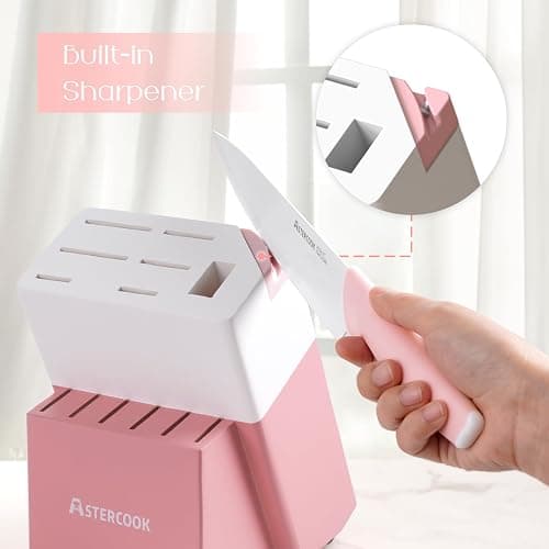 Astercook Knife Set, Kitchen Knives Set with Block and Sharpener Ceramic Coating 15 Pcs German Stainless Steel Knives Sharp Blade Dishwasher Safe Deba Knives with Ergonomic Handle, Crystal Pink thumbnail 6