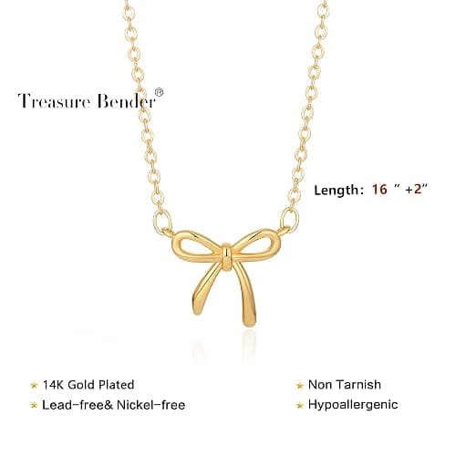 Treasure Bender Christmas Gifts Stocking Stuffers Bow Gold Necklace for Women Non Tarnish Dainty 14k Gold Plated Pendant Necklaces Trendy Cute Charm Bow Necklace Gold Jewelry for Women Birthday Gift thumbnail 4