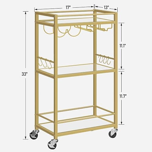 TUTOTAK Bar Cart, Home Bar Serving Cart with 3-Tier Mirrored Shelf, Drink Cart, Mobile Kitchen Shelf with Wine Rack, Gold BC01BB033 thumbnail 2