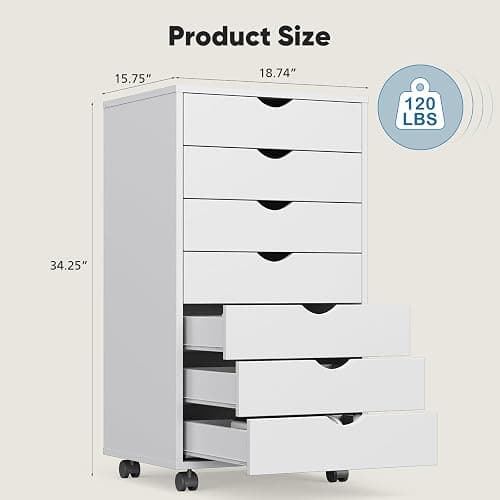 OLIXIS 7 Drawer Mobile File Cabinet Under Desk Storage Organization with Wheels Vertical Filing Chest Rolling Wood Small Desk Printer Stand for Home Office, 15.75"D x 18.74"W x 34.25"H, White thumbnail 3
