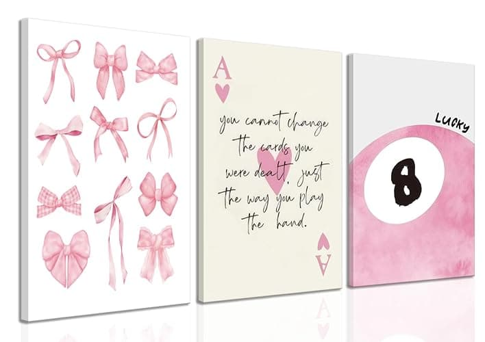 Trendy Pink Bows Canvas Wall Art Set of 3, Vintage Preppy Lucky 8 Ball Wall Decor, Pink Girly Room Aesthetic Posters Prints Painting for College Apartment Living Room Bedroom Framed 12x16 In - Image 1