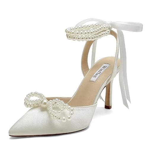 Pearl Wedding Shoes for Bride High Heel Bridal Shoes Closed Toe Wedding Heels - 8.5 - Ivory - Image 1