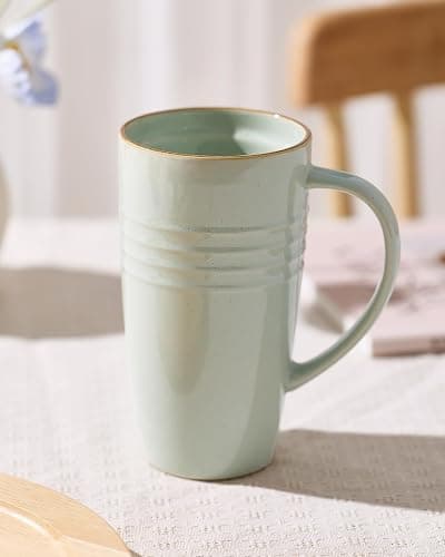 famiware Jupiter Large Coffee Mug, 20oz Coffee Mug with Lid, Ceramic Mugs Set of 2, Cup Set with Handle for Latte, Tea, Cocoa, Milk, Home & Office, Microwave and Dishwasher Safe, Light Green thumbnail 7