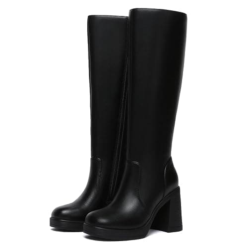Athlefit Black Knee High Boots for Women Platform Tall Boots Fashion Square Toe Chunky Heeled Booties thumbnail 5