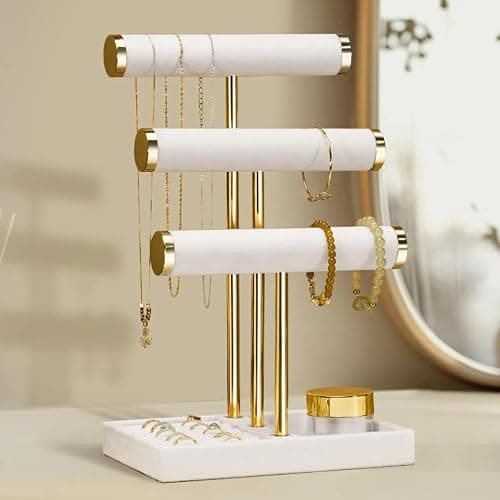 Josmimic 3 Tier Bracelet Holder Display - Detachable T Bar White Velvet Bracelet Holder, Jewelry Holder Organizer for Bracelet, Necklace, Watches, Rings thumbnail 2
