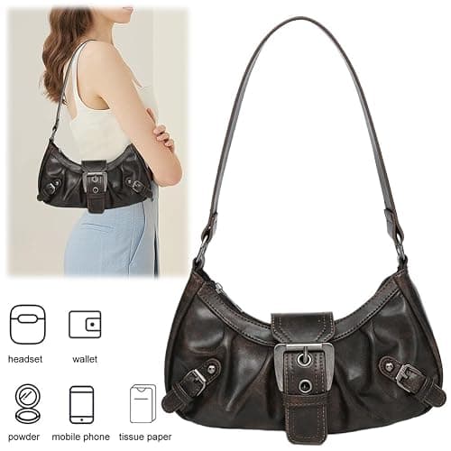 CRGANGZY Women Hobo Bag Y2K PU Leather Crescent Bag Pleated Underarm Purse Magnetic Closure Zipper Clutch Purse Travel Bag - Coffee thumbnail 7