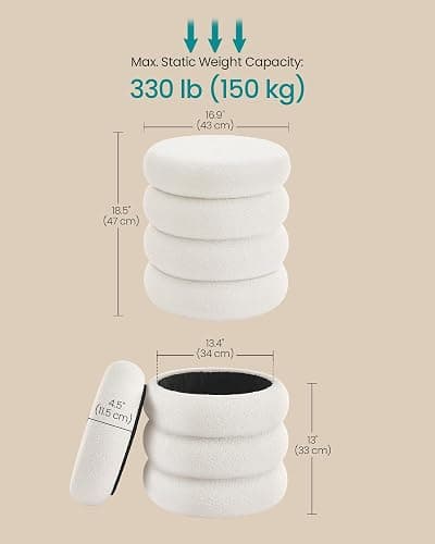 SONGMICS Vanity Stool, Round Ottoman with Storage, Upholstered Foot Stool, Removable Lid, for Living Room, Bedroom, Easy Assembly, 16.9 x 16.9 x 18.5 Inches, Teddy Fleece, White ULOM015WD01 thumbnail 6