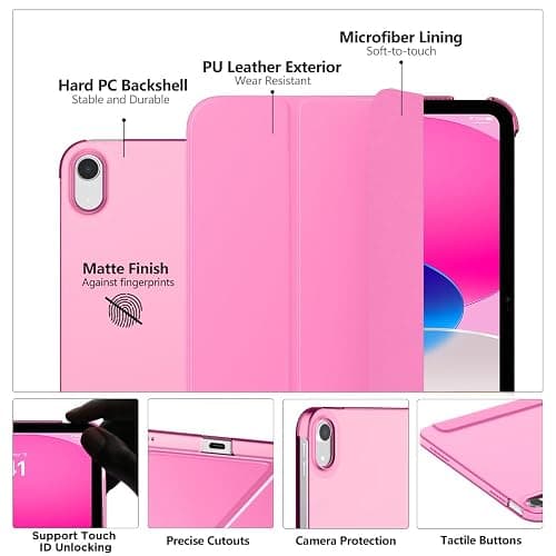 MoKo Hülle für iPad (A16) 11. Generation 11 Zoll 2025, iPad 10. Generation 10,9 Zoll 2022, Schlanke Stand Schutzhülle mit Hart PC Transparent Rückseite, Unterstützt Touch ID, Pfingstrose thumbnail 3