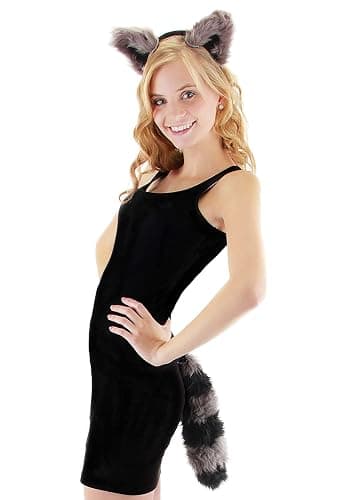 Raccoon Ears and Tail Set - Fuzzy Headband and Tail with Hook and Loop Fastener - Image 1