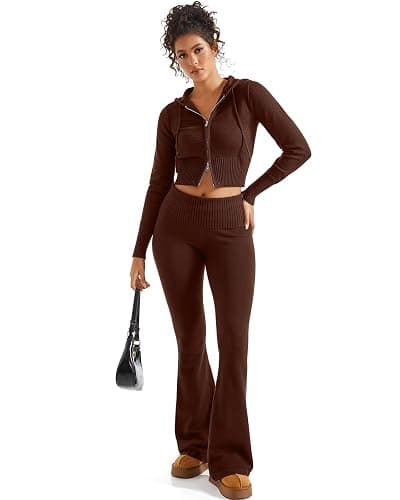 SUUKSESS Women 2 Piece Knit Sets Cropped Zip Up Hoodie Foldover Flare Leg Pants thumbnail 6