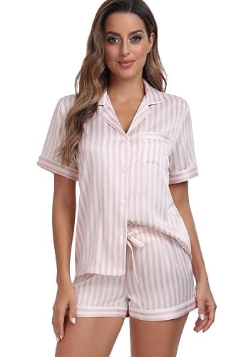 Serenedelicacy Women's Satin Pajama Set 2-Piece Sleepwear Loungewear Button Down Short Sleeve Silky PJ Set thumbnail 5