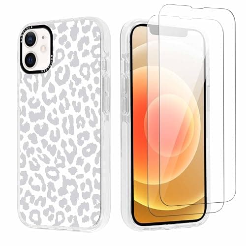lioscre Cheetah Print Phone Case for iPhone 12 / iPhone 12 Pro 6.1" Case with 2 Pack Tempered Screen Protector, Cute Leopard Pattern Design Shockproof TPU Soft Clear Phone Cover for Women Girls, White - Image 1