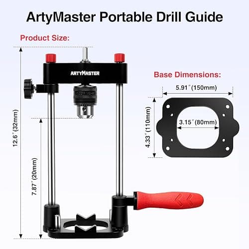 ArtyMaster Portable Drill Guide for Straight Holes, Portable Drill Press Adapter for Hand Drill, Stable & Accurate, Includes Chuck Key, Drill Straight Hole Jig for Woodworking, DIY WT116A thumbnail 2