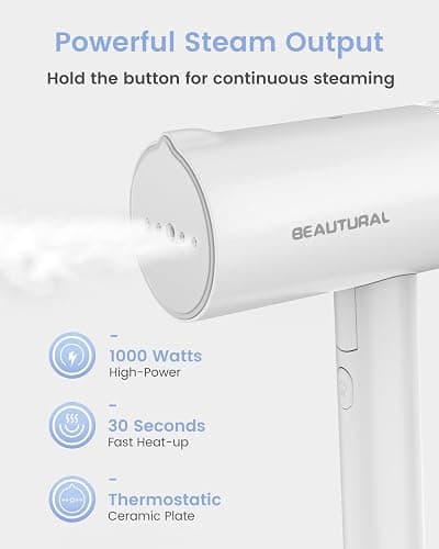 BEAUTURAL Steamer for Clothes, Portable Garment Wrinkle Remover, Fast 30s Heat-up, Foldable and Handheld, 120V Only (Not for 220V Europe), White thumbnail 3