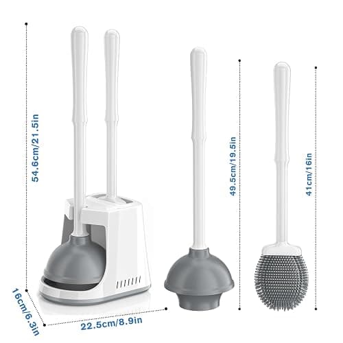 Unique Toilet Plunger and Brush, Silicone Brush and Heavy Duty Toilet Plunger Set with Ventilated Holder, 2-in-1 Toilet Brush and Plunger Combo for Bathroom Cleaning-New Pack (White) thumbnail 2