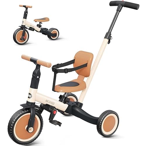 newyoo Toddler Tricycle with Push Handle for 1-3 Year Old, Toddler Bike, Birthday Gift and Toy for Boys and Girls, 5 in 1 Kids Trike, Balance Bike with Backrest and Safety Belt, Khaki, TR007 - Khaki - Image 1