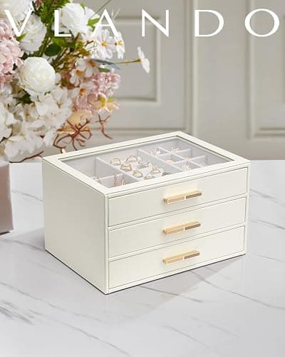 Vlando Jewelry Box for Women, Glass Lid Jewelry Organizer with 3 Drawers for Necklaces Rings Earrings Bracelets Mother Day Gift for Mom - Cloud White thumbnail 2