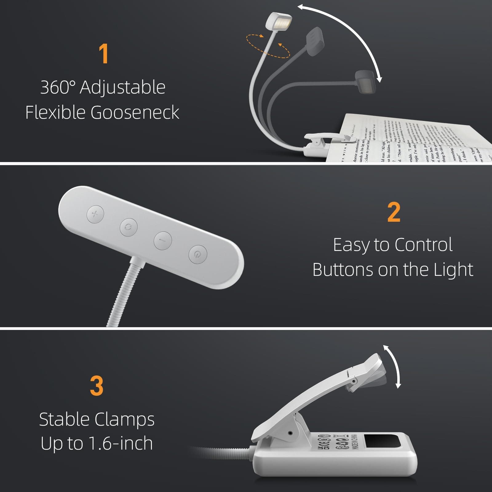 iFalarila Book Lamp, Rechargeable Reading Lamp for Bedtime Reading with 3 Colors & 10 Brightness Dimmable, Flexible Gooseneck Small Clip on Reading Light for Children thumbnail 4