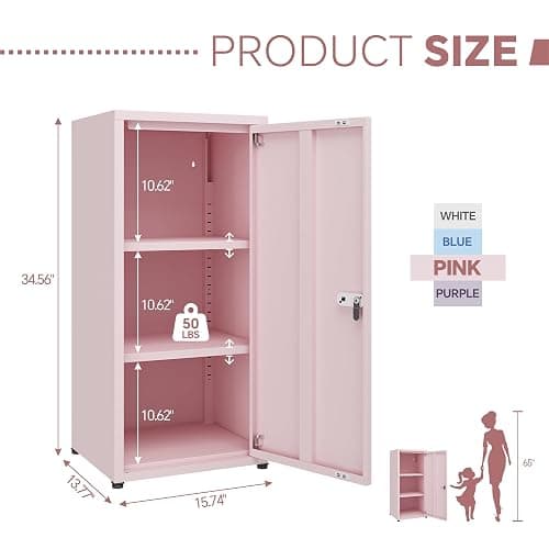 MIOCASA Metal Storage Cabinet with Lock, 3 Adjustable Shelves Single Door Steel Locker for Home, Office & Garage (Pink) thumbnail 3